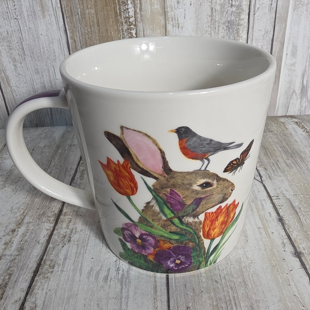 PPD Ron Tanovitz Spring Garden Rabbit Robin China Oversized Mug Purple Handle - Picture 1 of 4